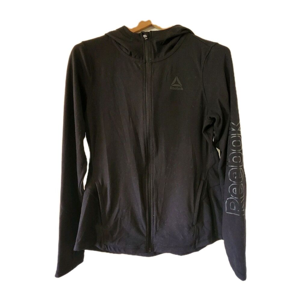 Reebok Womens Sz M Black Running Hoodie Full Zip Spellout Logo Thumb Holes